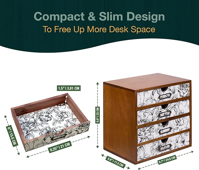 Vintage Desk Organizer with 4 Black & White Floral Drawers - Wooden Storage Shelf Drawer for Tabletop - Wood Desktop Organizing Box Cabinet - Black & White Monochrome Botanical Toile de Jouy