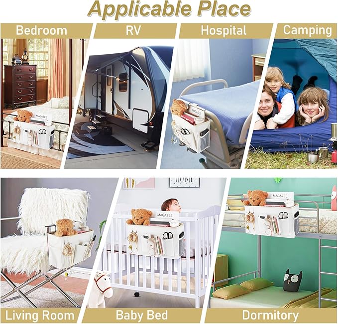 Bedside Caddy Bedside Organizer Hanging Storage Bag for Bunk College Dorm Bed and Hospital Beds with Magazine Water Bottle Phone Holder (2Pack White)