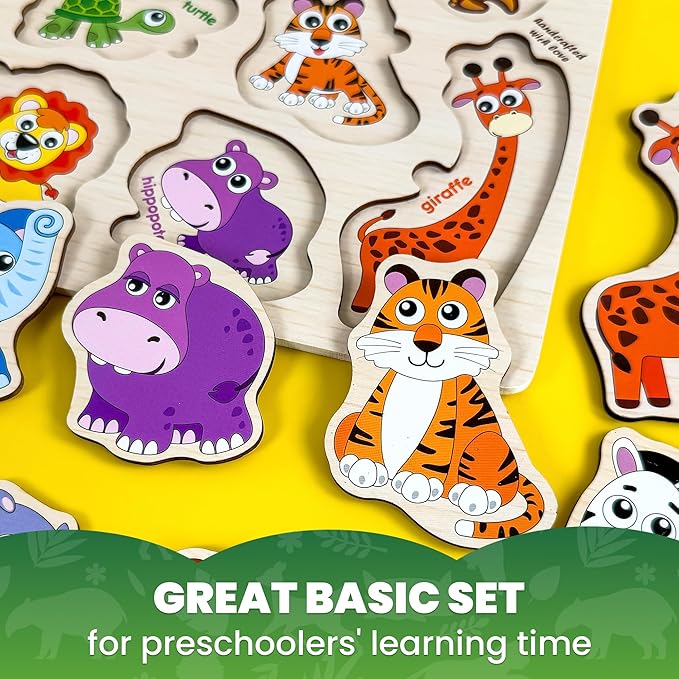 QUOKKA Wooden Puzzles for Toddlers 1-2 – 4 Set Pegged Puzzles for Kids Ages 1-2 – Animal Safari Learning Toy for Kids – Gift Realistic Educational Game for Boy and Girl