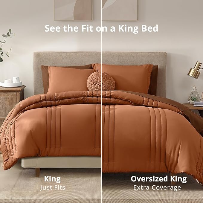 Monbix King Size Comforter Set - 7 Pieces Bed in a Bag King, Burnt Orange Bedding Sets with Comforter, All Seasons Comforter Bed Set with Sheets, Pillowcases & Shams