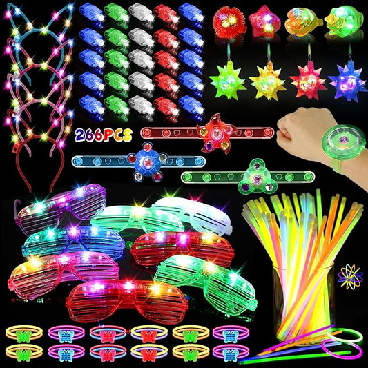 266PCS Glow in the Dark Party Supplies for Kids Adults, Light Up Party Favors LED Glasses, Headband,Rings,Finger Light,Bracelets,Meteor Necklaces,100 Glow Sticks Bulk DIY Necklaces Neon Party Supplies