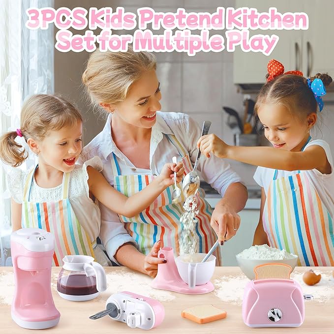 Kitchen Appliances Toys, Kids Play Kitchen Accessories Set, Pretend Kitchen Toys for Kids Ages 4-8, Coffee Maker, Mixer, Toaster with Realistic Lights & Sounds, Gift for Girls Ages 3+