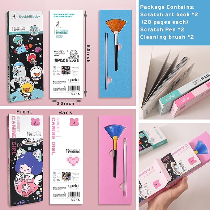 40 Card Rainbow Sparkle Scratch Painting Note, Hand-Eye Coordination Art&Crafts, Mini Magic Scratch DIY Graffiti Creative Bookmarks Gift for Kids&Adults, 8.5''x3.2'' (Canine Girl/Duckbill Baby Space)