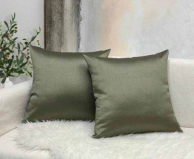 Aiking Home 18x18 Inches Faux Silk Square Throw Pillow Cover, Zipper Closure, Sage (Set of 2)