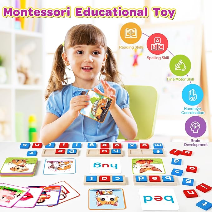 KMUYSL CVC Word Spelling Games, Wooden Learning Activities Toys, Educational Montessori Toy for 2 3 4 5 Years Old Toddlers Kids Boys and Girls, Flash Cards Sight Words for Kindergarten Preschool