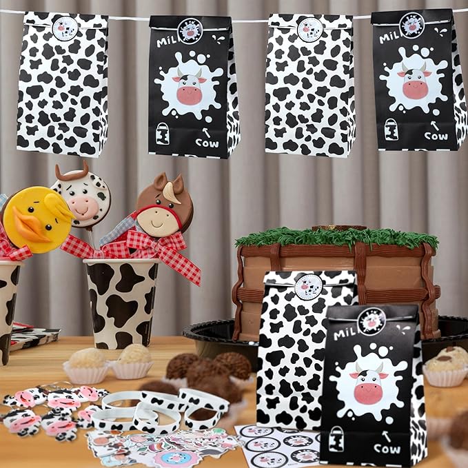 Cow Party Favors Supplies Include Cow Silicone Bracelets Cow Keychain Cow Party Present Bags and Waterproof Cow Stickers for Baby Shower Return Present Farm Animal Birthday (Novel Style, 104 Pieces)