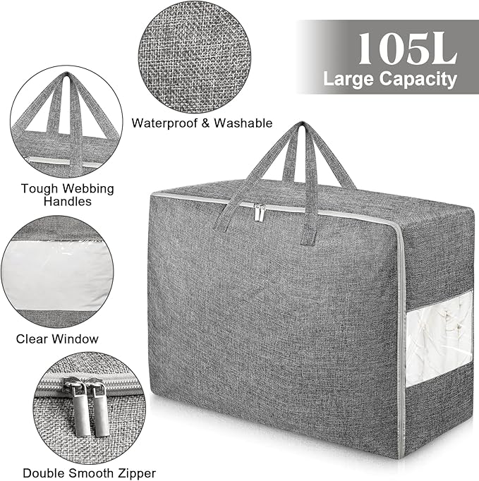 105L Extra Large Storage Bags, Folding Moving Comforter Blanket Storage Bags Closet Organizers and Storage Containers for Clothes with Strong Handles&Zippers Clear Window for Bedding Pillow, Grey