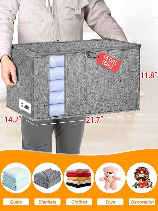 60L Blanket/Comforter Storage Bag w/Rigid Side & Bottom Support, Stackable Clothes Storage Bin for Sweaters Bedding Sets Quilts Pillows, Closet Organizer, 21.7x14.2x11.8in, 2 Pack, Gray