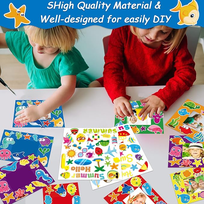 30 Pcs Summer Under The Sea Craft Kits for Kids Preschool Ocean Animal DIY Picture Frame Crafts Kindergarten Back to School Activities Game Classroom Bulletin Board Decorations