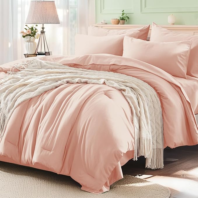 Anluoer Pink California King Comforter Set 7 Pieces, Bed in a Bag with Sheets, All Season Bedding Sets with 1 Comforter, 2 Pillow Shams, 2 Pillowcases, 1 Flat Sheet, 1 Fitted Sheet