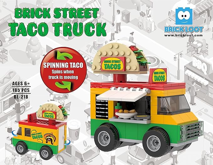 Brick Loot Taco Truck Toy Building Block Set with Spinning Street Sign, for Adults & Kids Age 6+, 100% Compatible with Lego and Other Major Brands, Custom-Designed Toy Building Set Model, 185 Pieces