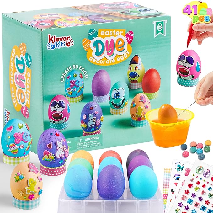 Klever 41 Pcs Easter Egg Decorating DIY Kit with Dye Tablets and Easter Stickers, Coloring Dyeing Set for Kids Theme Party, Egg Hunt Creativity Activity
