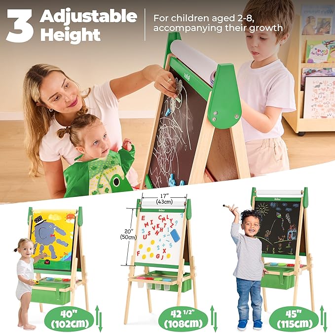 All-in-One Art Easel for Kids with 2 Paper Rolls & Deluxe Accessories, Adjustable Magnetic Double Sided Whiteboard & Chalkboard, Painting Kid Easel for Toddlers 2-8, Ideal Christmas Gift