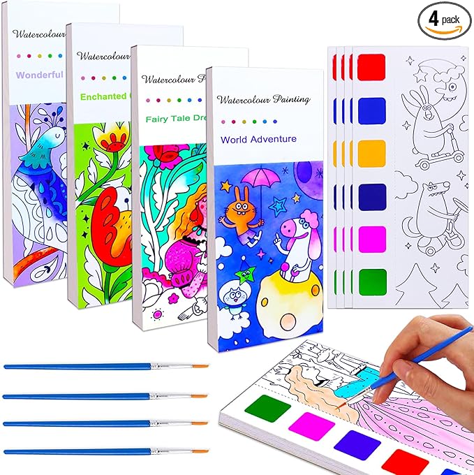 BAOXUE 4Pack Water Color Paint Sets for Kids, Pocket Watercolor Painting Book, Paint With Water Books for Toddlers, Art Craft Set for Drawing with Brush