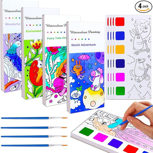 BAOXUE 4Pack Water Color Paint Sets for Kids, Pocket Watercolor Painting Book, Paint With Water Books for Toddlers, Art Craft Set for Drawing with Brush