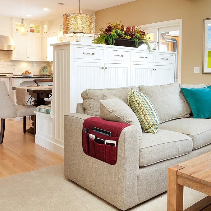 Sofa Armrest Organizer Non-Slip Remote Control Holders for Recliner Couch Chair Armchair Caddy with 5 Pockets for Table,Cell Phone,Ipad,Magazines,Books (13x35In, WineRed)