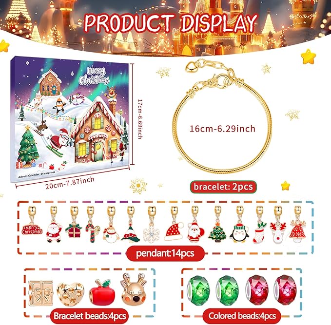2024 Christmas Advent Countdown Calendar,Charm Bracelet DIY Making Kit 24 Days Surprise Gifts,Jewelry Making Supplies Beads for Teen Girls 4-12,Craft Toys Gifts Set with a Gift Box Gift