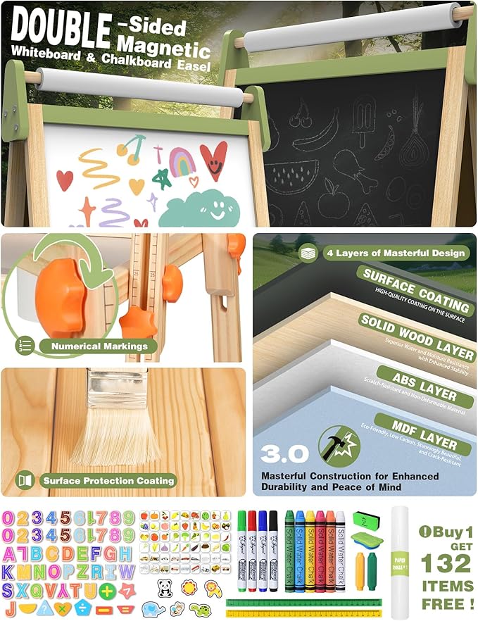 Joyooss Art Easel for Kids, Double-Sided Magnetic Easel for Children with Whiteboard & Chalkboard, Deluxe Standing Easel for Toddler with Paper Roll & Painting Accessories Painting Station for Kids