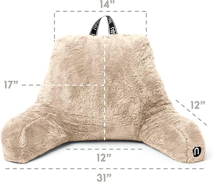 Nestl Fur Reading Pillow, Stylish Back Pillow for Bed Sitting Up, Faux Fur Bed Chair Pillow with Arms, Reading Pillows for Sitting in Bed Adult & Kids, Sit Up Back Support Pillow for Bed Rest - Linen