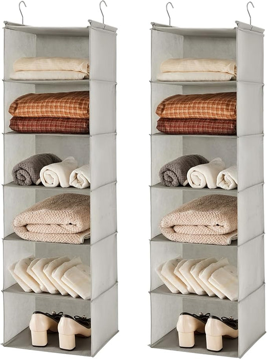 MAX Houser 6 Tier Shelf Hanging Closet Organizer, Closet Hanging Shelf with 2 Sturdy Hooks for Storage,2 Pack, Foldable (Light Grey)