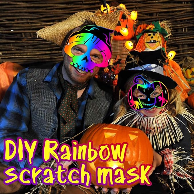 JMUQ Halloween Scratch Mask Games for Kids, 72Pcs Halloween Scratch Art Craft Kit Rainbow Scratch Paper Art for Halloween Party Favors Supplies Halloween Classroom Favors Halloween Activities