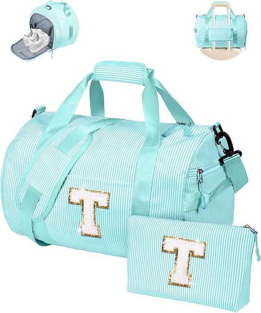 Gift for Preteen, Girls Travel Duffle Bag, Kids Initial Overnight Bags with Shoe Compartment, Personalized Weekend Bag with Cosmetic Pouch, 10 Year Old Girl Birthday Gifts (Letter T)