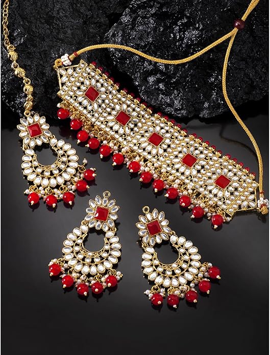 Aheli Bridal Kundan Faux Pearl Choker Necklace with Earrings Maang Tikka Gift for Women Indian Traditional Bollywood Fashion Jewelry Set