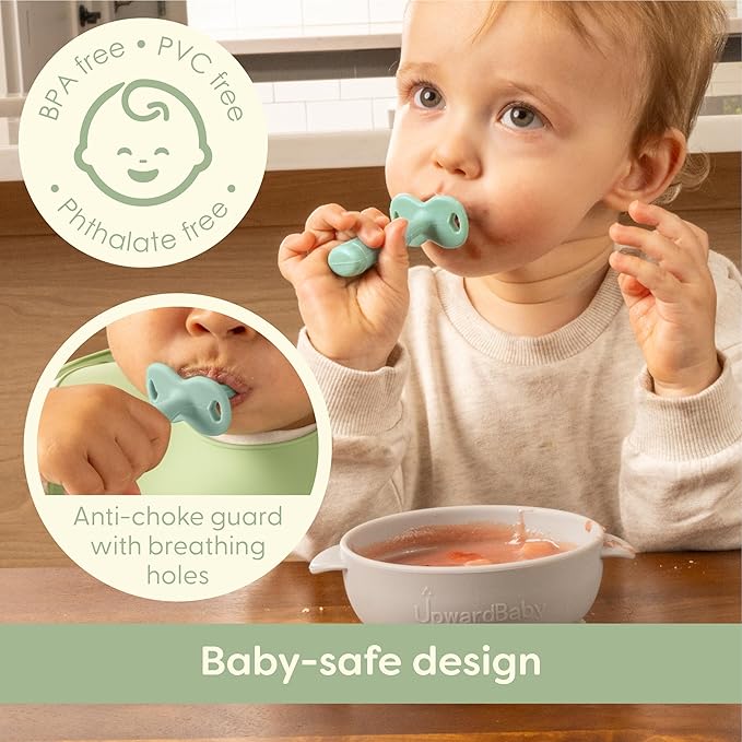Upward Baby Spoons Self Feeding 6+ Months - 3 Pack, Chewable Toddler Utensils with Anti Choke Barrier, Baby Feeding Essentials, Baby Spoons 4 months, Silicone Baby Spoons, Red White Blue