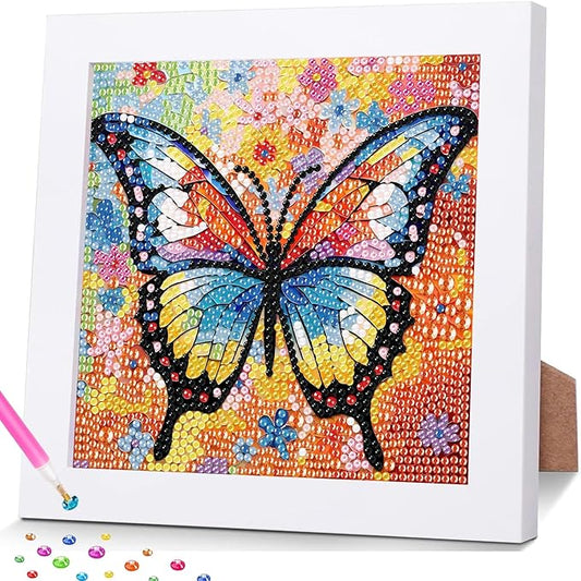 hkejoi Butterfly Diamond Art Painting Kits for Kids with Frame,Butterfly Diamond Art for Kids Ages 4-6-8-12,Easy Kids Gem Art Kit with Cartoon Box for Gift Home Wall Decor 7x7 inch