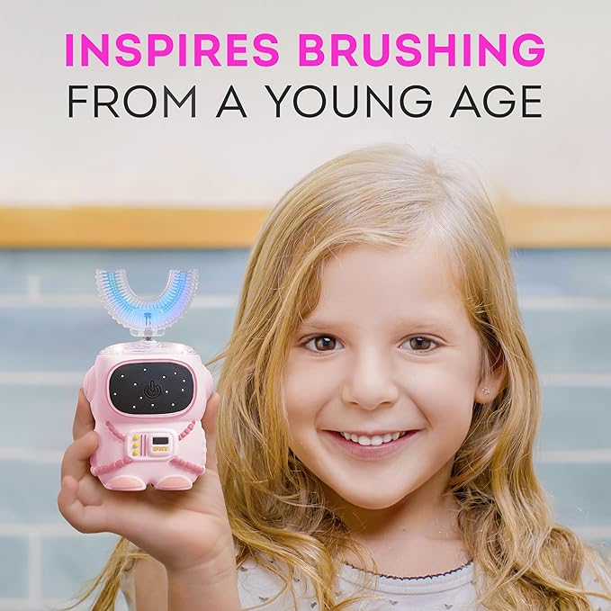 Sensory 360 Round U-Shaped Astronaut Design Mouthguard Electric Toothbrush for Kids Ages 2-7 - Automatic Memory Function - 5 Modes Toothbrush with Multiple Heads – Kids Travel Essentials (Pink)