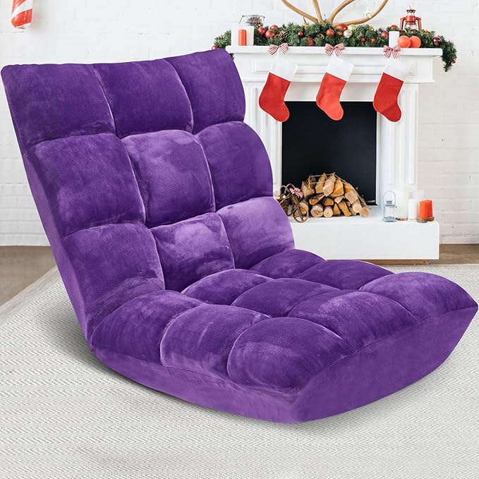 Folding Floor Chair 14-Position Cushioned Adjustable Floor Lazy Sofa Chair w/Breathable Cotton & Skin-Friendly Flannel for Adults & Kids Ideal for Reading Meditating, Purple