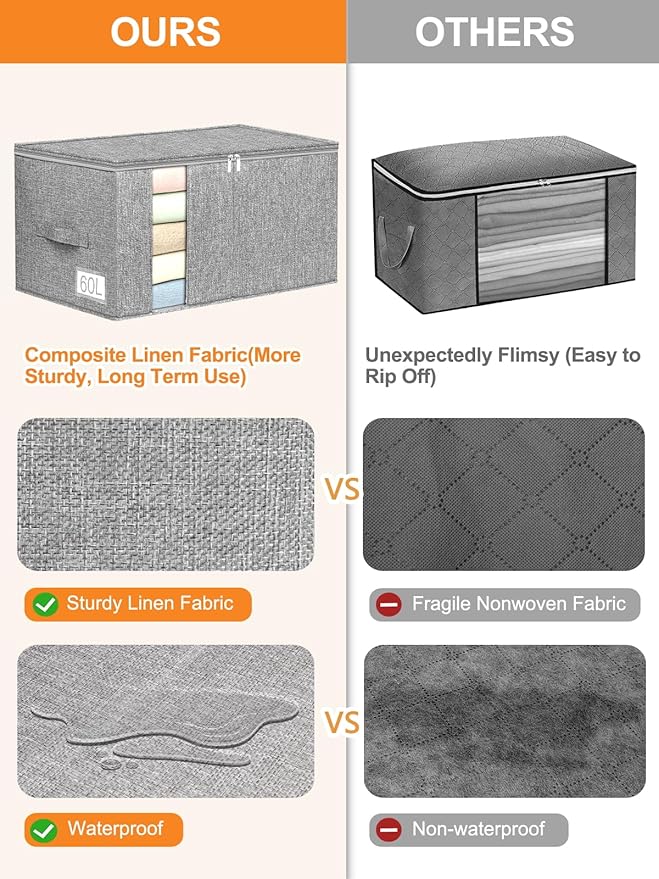 60L Blanket/Comforter Storage Bag w/Rigid Side & Bottom Support, Stackable Clothes Storage Bin for Sweaters Bedding Sets Quilts Pillows, Closet Organizer, 21.7x14.2x11.8in, 2 Pack, Gray