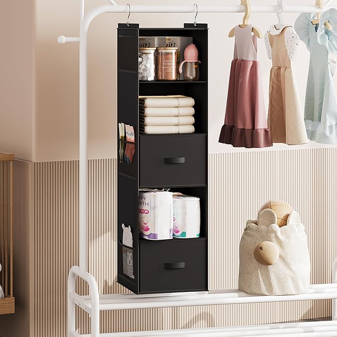 YOUDENOVA Hanging Closet Organizer, 5 Tier Hanging Closet Shelves with Drawers and 6 Side Pockets, Black
