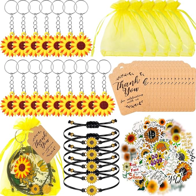 130 Pcs Sunflower Party Favors Including Sunflower Keychains Adjustable Sunflower Bracelets PVC Sunflower Stickers Thank You Kraft Tags Organza Bags for Birthday Summer Party Wedding School Reward
