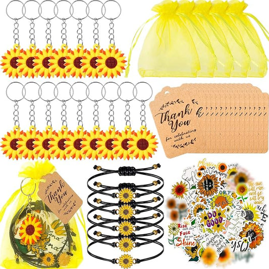 130 Pcs Sunflower Party Favors Including Sunflower Keychains Adjustable Sunflower Bracelets PVC Sunflower Stickers Thank You Kraft Tags Organza Bags for Birthday Summer Party Wedding School Reward