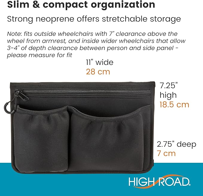High Road Wheelchair Side Bag - Stretch Neoprene Walker Pouch with Insulating Cup Holder and 2 Storage Pockets