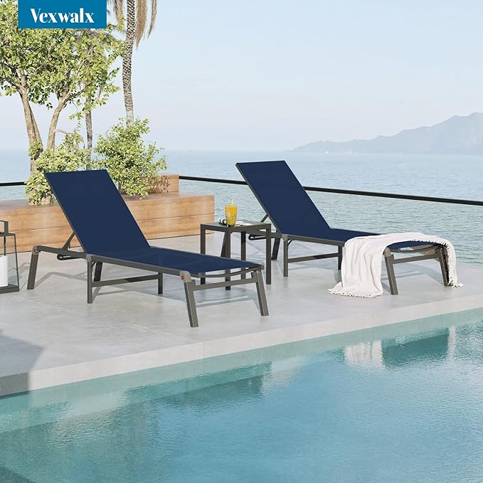 Pool Lounge Chairs Set of 2, Foldable Aluminum Chaise Lounge Outdoor with 5 Positions Recliner - Free Assembly - Patio Chaise Lounge Chair for Poolside, Beach, Yard (Navyblue, 2 Pack)