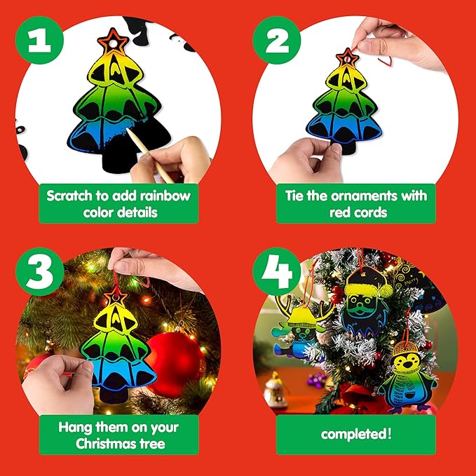 JOYIN 120 Pcs Christmas Scratch Art Ornaments, Rainbow Color Scratch Paper Craft Kit, Christmas Hanging Ornament, Scratch Off DIY Arts & Crafts Kit for Kids, Holiday Crafts Party Favor