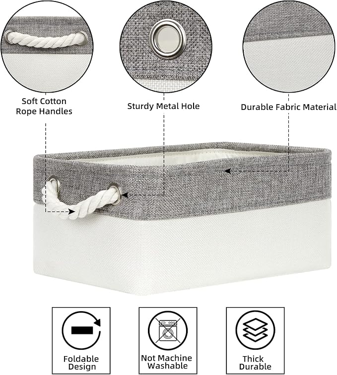 Bidtakay Small Fabric Storage Bins for Closet & Bathroom - Set of 6 Grey & White Baskets - Organizers for Pantry & Kids' Bedroom