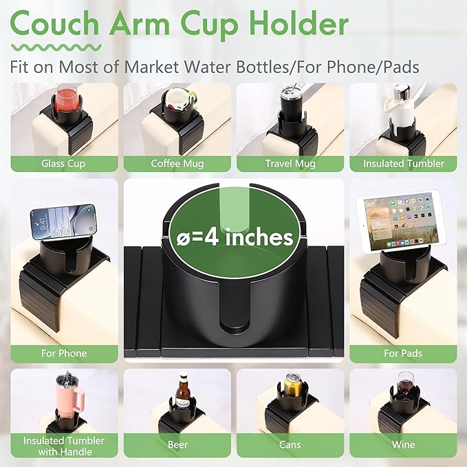 SINWANT Couch Cup Holder, 2 in 1 Bamboo Couch Drink Holder & Phone Stand,Foldable Anti-Slip Sofa Mug Holder for Coffee Mug,Bottles,Cans etc. on Square Soft Sofa RV Armrest