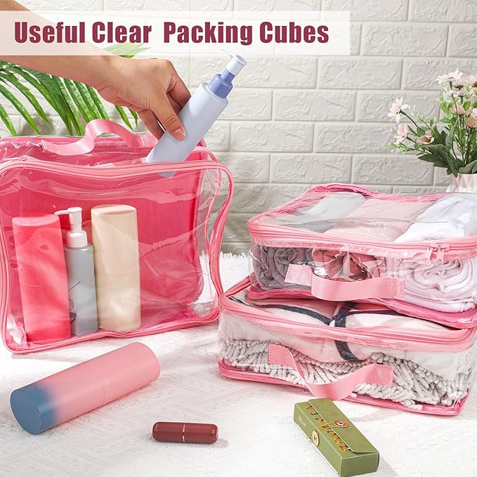 6 Pieces Large Clear Travel Packing Cube Clear Vinyl Zippered Storage Bags See Through Moving Bag PVC Multipurpose Pouch with Handle for Suitcase Shirts Dress Storage (Pink,11.8 x 10.2 x 3.9 Inch)