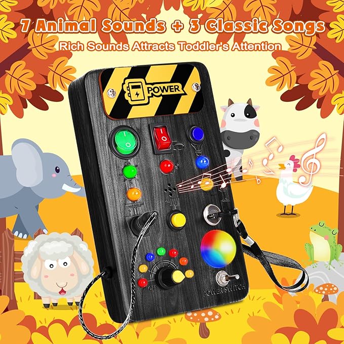 Busy Board Montessori Toys for Toddler, Wooden Sensory Board Switch Toy with Color-Changing LED Light Up Travel Toys Educational Plane Travel Activity for 1-6 Year Old Girls & Boys Gifts