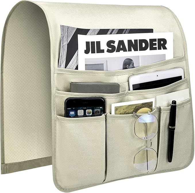 Teniux Remote Control Holder Faux Leather Armrest Organizer with 6 Pockets for Recliner Couch Sofa, Armchair Caddy for Smart Phone, Book, Magazines, Ipad, Remotes (Oyster White)