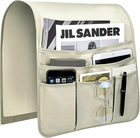 Teniux Remote Control Holder Faux Leather Armrest Organizer with 6 Pockets for Recliner Couch Sofa, Armchair Caddy for Smart Phone, Book, Magazines, Ipad, Remotes (Oyster White)