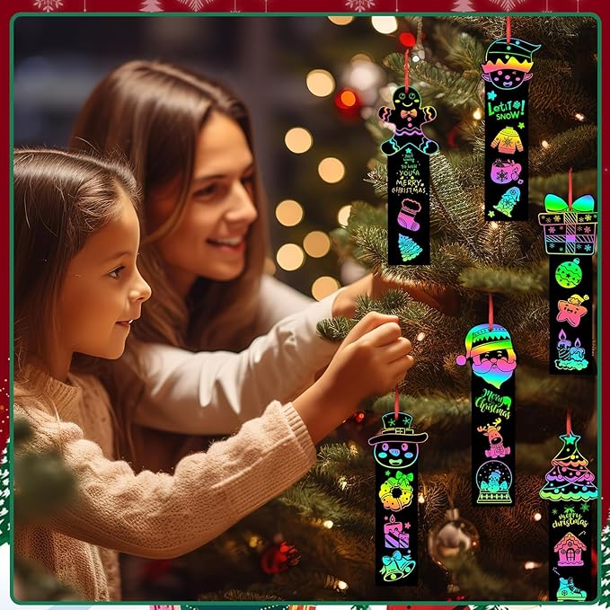 JUNEBRUSHS 30Pcs Christmas Scratch Bookmarks, Rainbow Magic Scratch Paper Art Christmas Tree Santa DIY Crafts Kit for Xmas Hanging Ornaments Christmas Party Favors Gifts