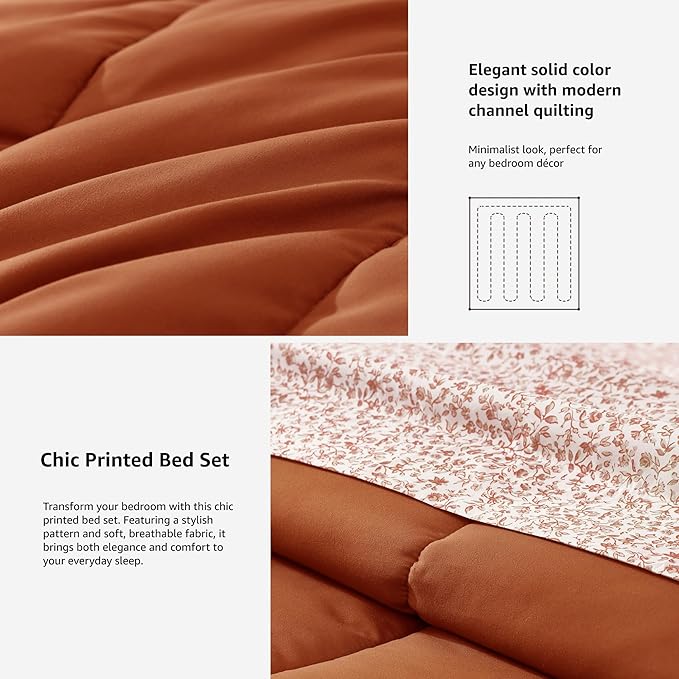 Monbix Queen Comforter Set - 7 Pieces Burnt Orange Bed in a Bag Queen Track Stitching Bedding Sets, All Seasons Comforter Bed Set with Sheets, Pillowcases & Shams