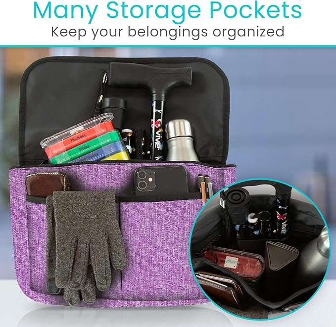 Vive Wheelchair Carry Bag - Arm Rest Pouch for Rollator, Walkers, Power Wheel Chairs and Knee Scooters - Side Storage Organizer for Elderly, Seniors, Adults (Purple)