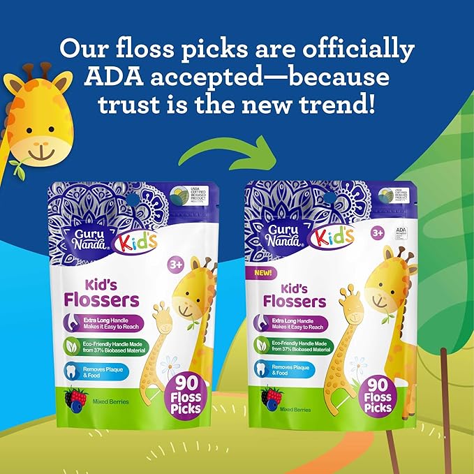 GuruNanda Dental Floss Picks for Kids, Extra-Long Giraffe-Shaped Picks with Fluoride, Anti-Slip & Shred-Resistant Design & Eco-Friendly Handle & Berry Flavor, Ideal for Ages 3+, 90 Count (Pack of 2)