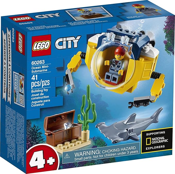 LEGO City Ocean Mini-Submarine 60263, Underwater Playset, Featuring a Toy Submarine, Pirate Treasure Chest, Hammerhead Shark Figure and a Pilot Minifigure, Great Gift for Kids (41 Pieces)