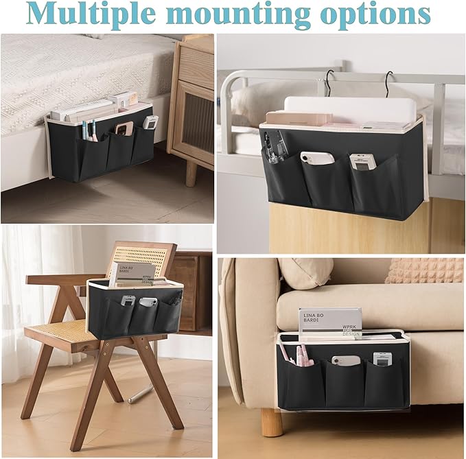 Bedside Caddy/Bedside Storage Organizer Hanging Bag with Three Options,Suitable for home beds, sofas, and dormitory beds—can hold magazines, books, phones, iPads, remote controls. (Black)